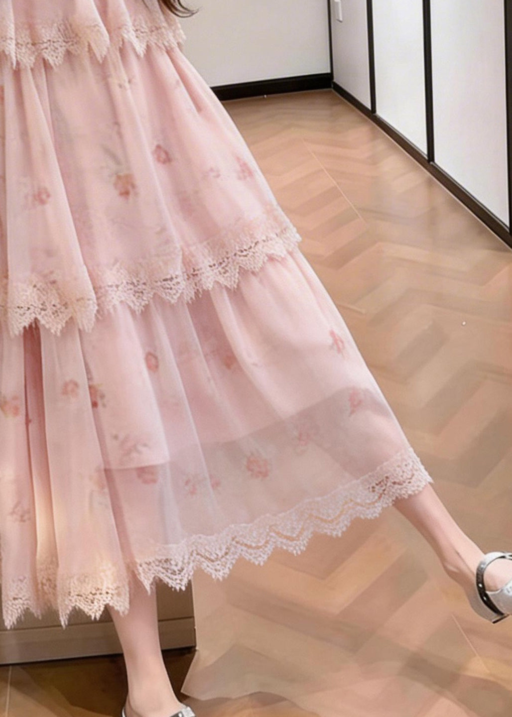 Italian Pink Layered Design Print Chiffon Vacation Dresses Summer
