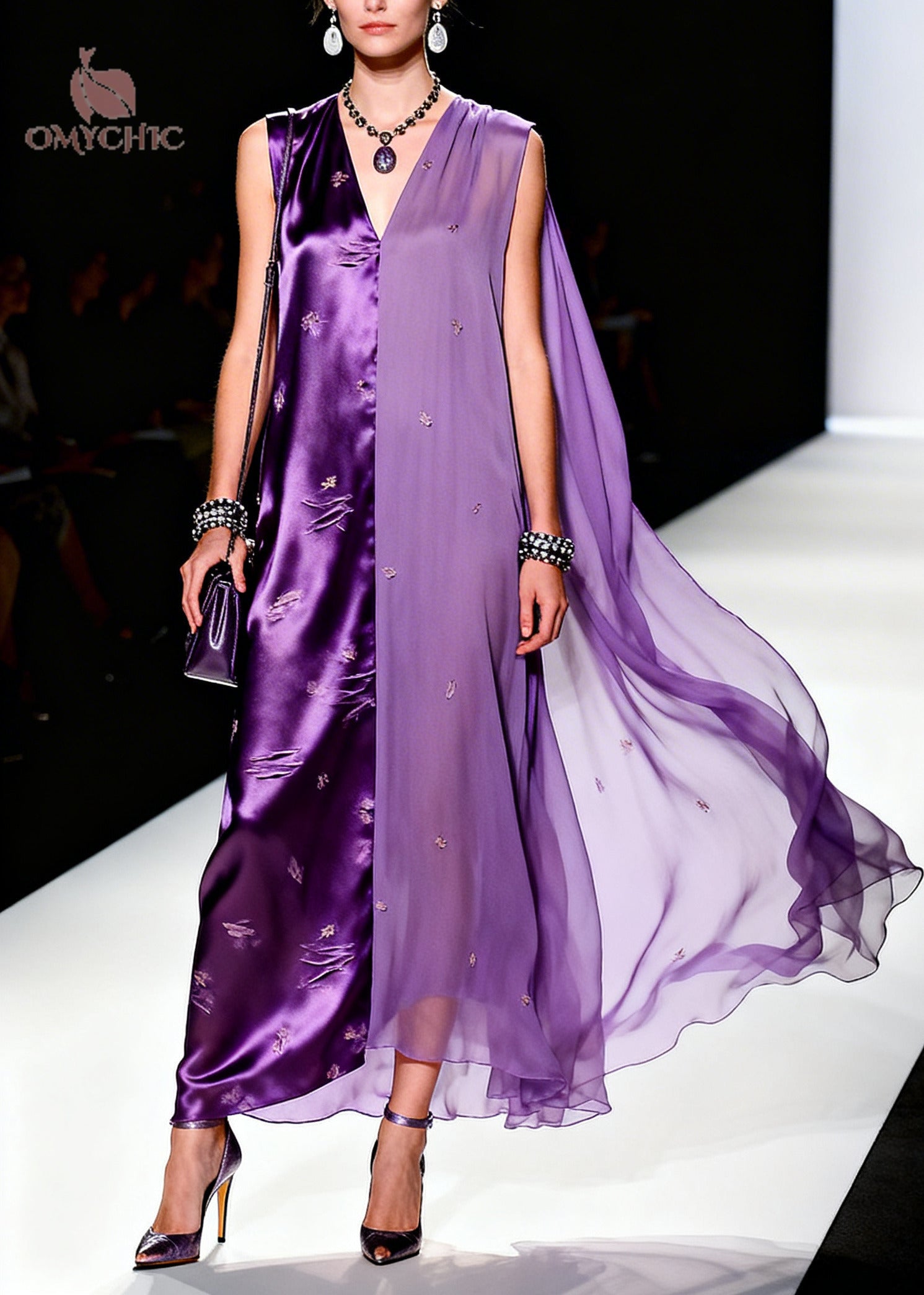 Italian Purple Asymmetrical Patchwork Silk Long Dress Sleeveless