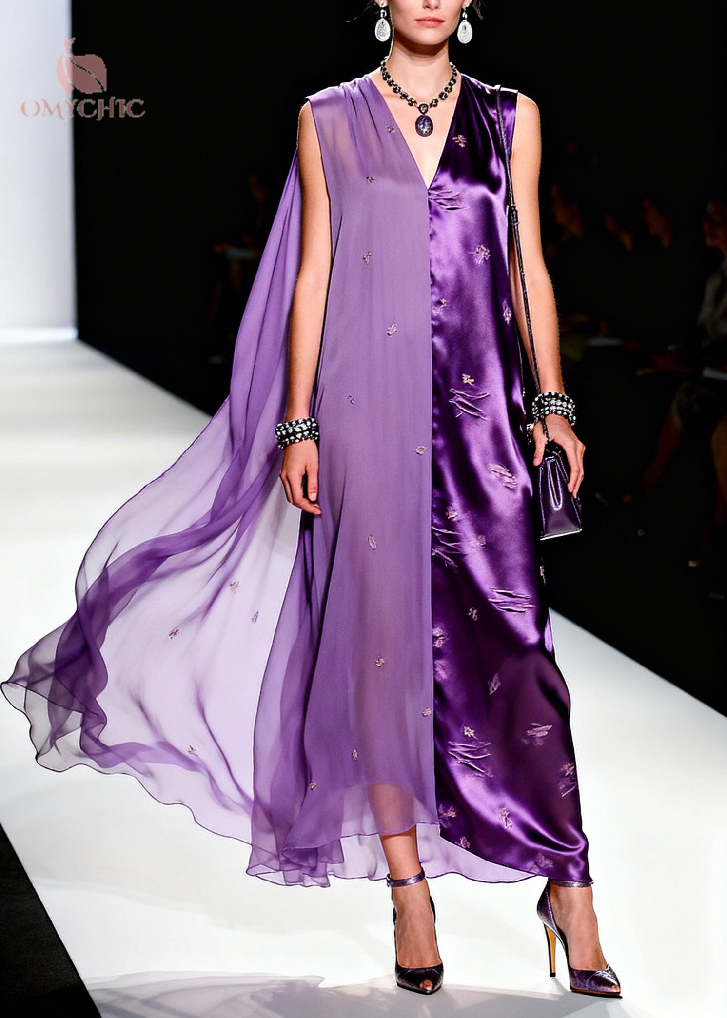 Italian Purple Asymmetrical Patchwork Silk Long Dress Sleeveless