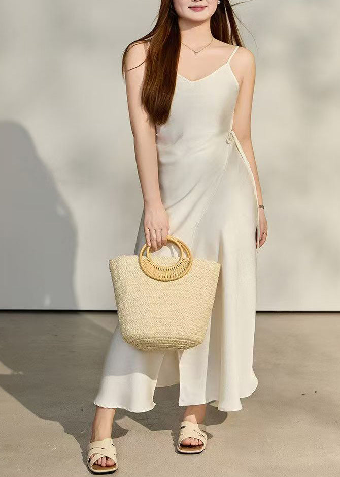 Italian White Tie Waist Side Open Satin Mini Dress Summer