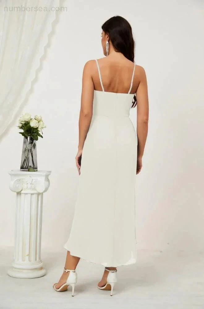ZapDress Spaghetti Chiffon V Neck Bridesmaid Dress Mid-Length Slit Formal Prom Dress Homecoming Dress 2803 (ZD16952)