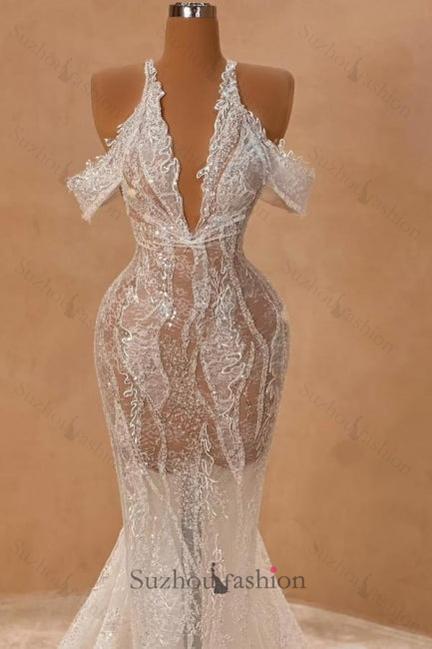 Ivory Halter Prom Dress Off The Shoulder Mermaid Slit Formal Dress With Lace