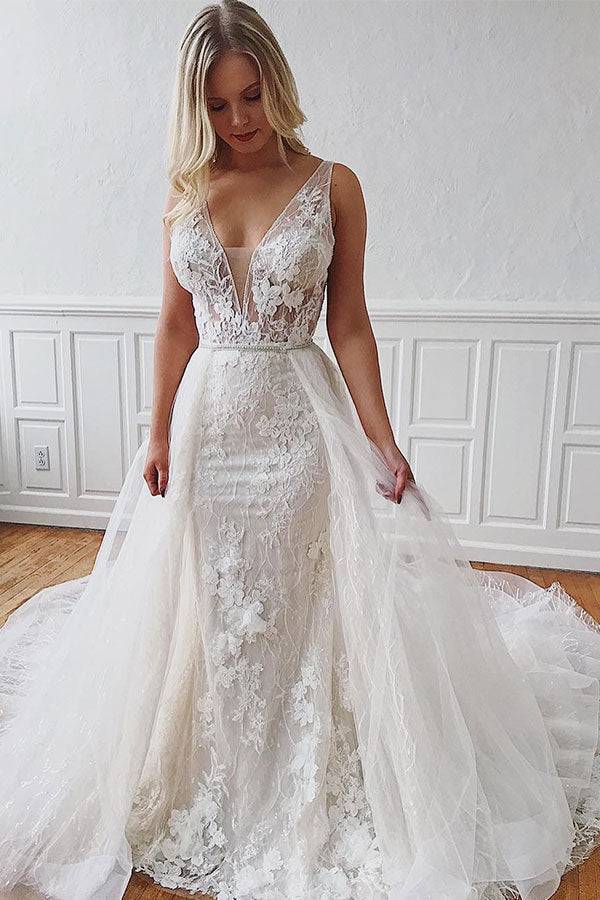 Ivory Sheath Sleeveless Chapel-Train V-neck Beautiful Appliques Wedding Dresses