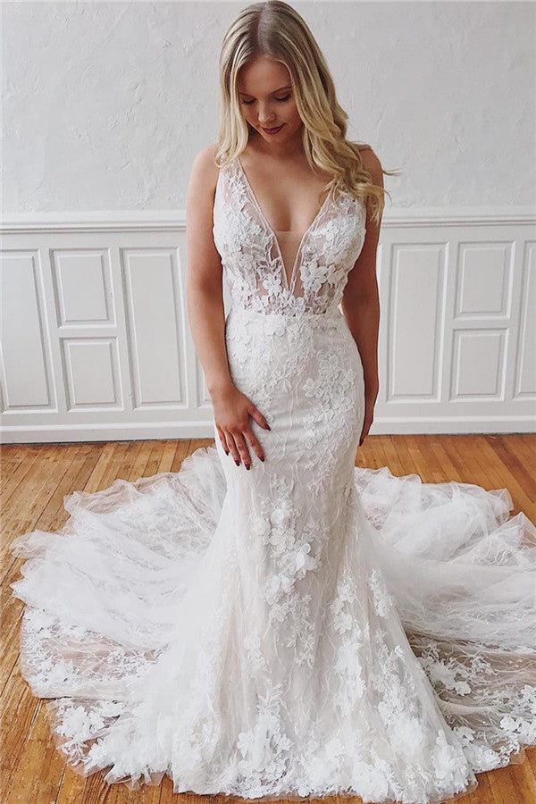 Ivory Sheath Sleeveless Chapel-Train V-neck Beautiful Appliques Wedding Dresses