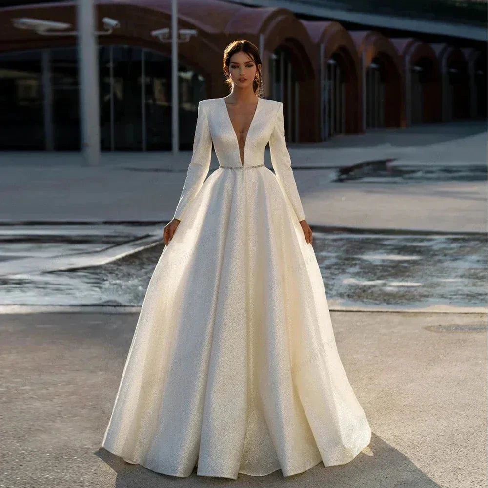 Ivory V Neck Full Sleeve Wedding Dresses Empire Stretch Satin Prom Gowns Zipper Back Summer New Luxury Vestidos De Novia (ZD13502) - VelvetHem