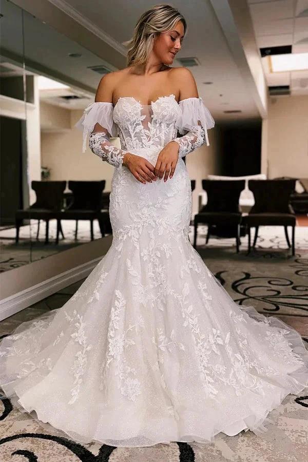 Ivory Floral Trumpet Wedding Dress with Detachable Sleeves WD723 by pgmdress