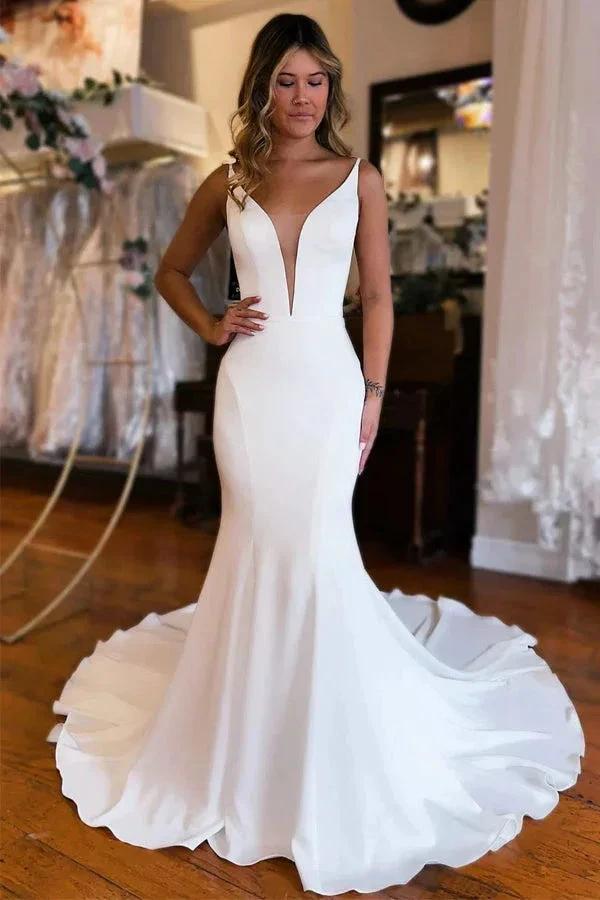 Plunge V Backless Long Mermaid Wedding Dress (ZD16101) - VelvetHem