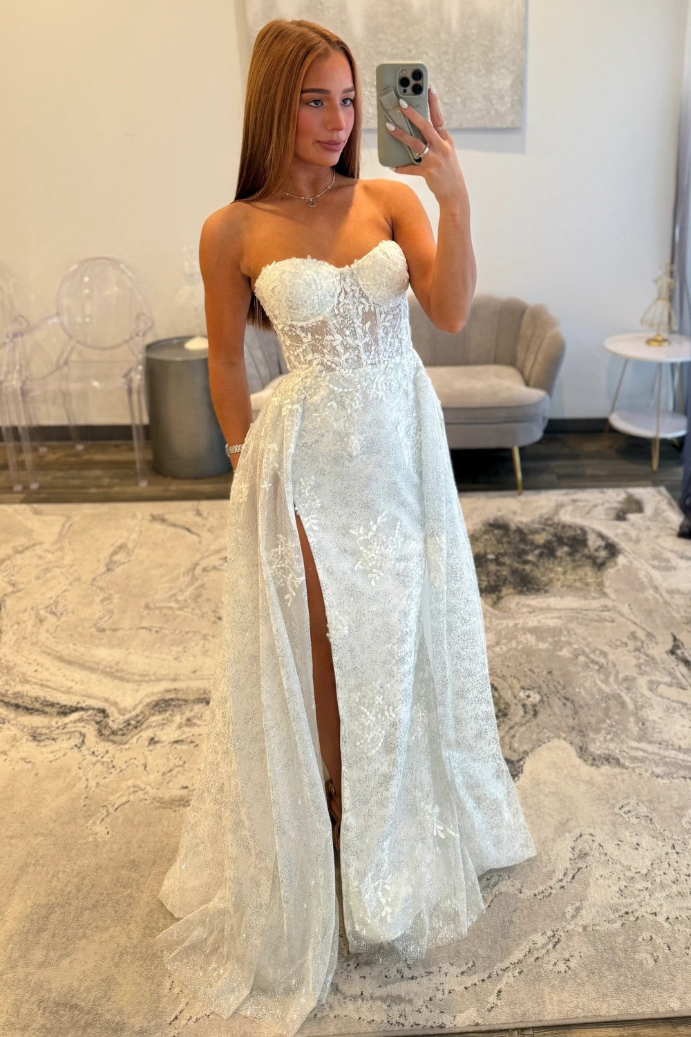 Gorgeous A Line Sweetheart White Corset Prom Dress with Split Front
