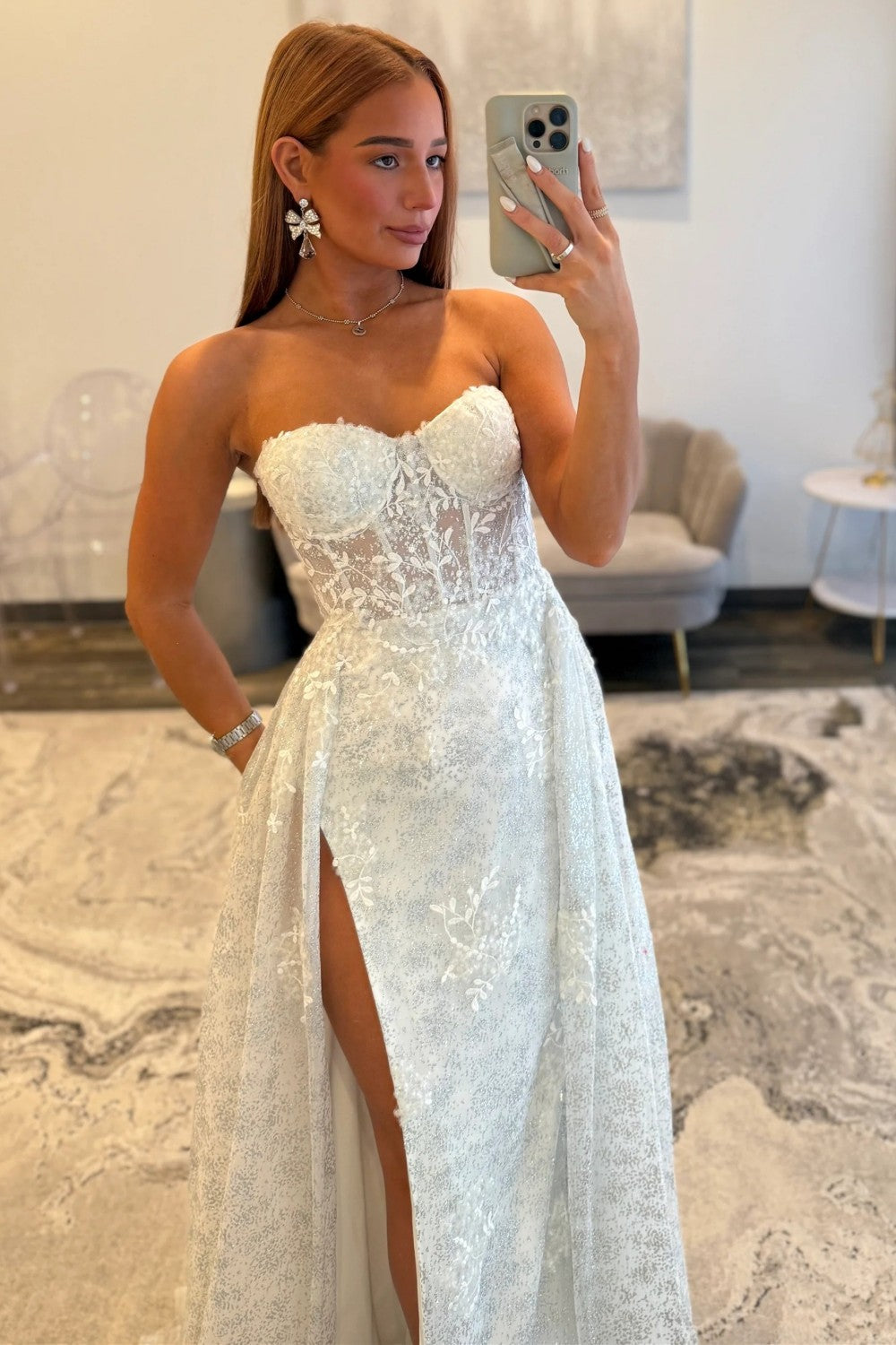 Gorgeous A Line Sweetheart White Corset Prom Dress with Split Front - View 2 | VelvetHem