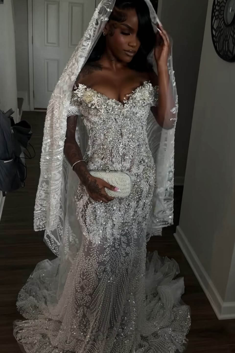 Off the Shoulder Prom Dress Ivory Mermaid Formal Dress with Beadings and Rhinestones