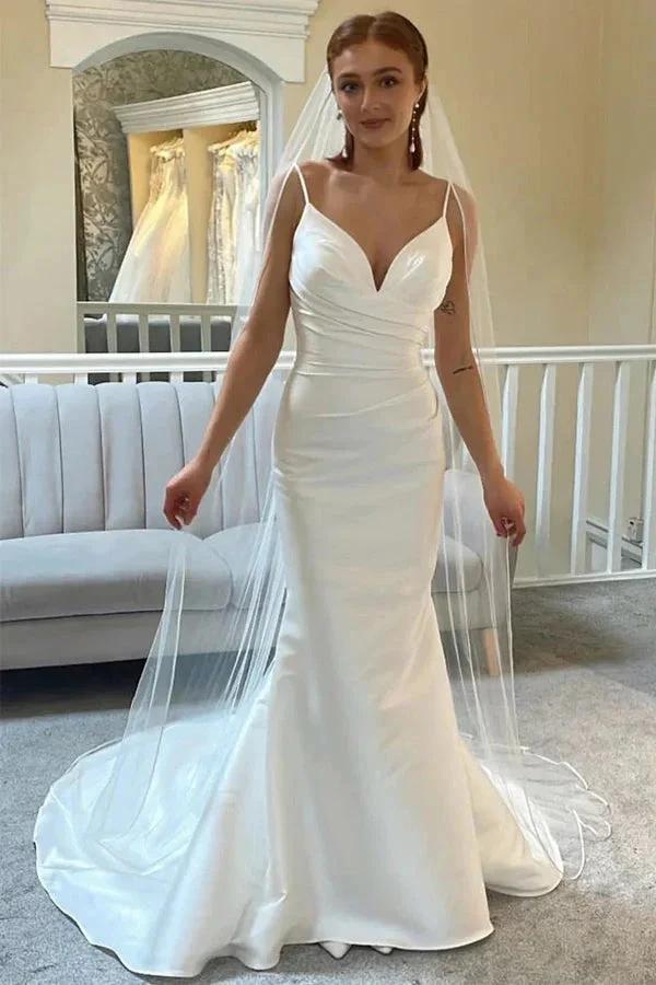 Ivory Spaghetti Strap Backless Trumpet Wedding Dress WD722 by pgmdress