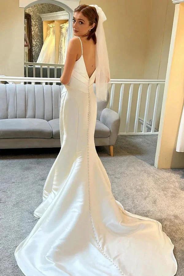 Ivory Spaghetti Strap Backless Trumpet Wedding Dress (ZD16103)