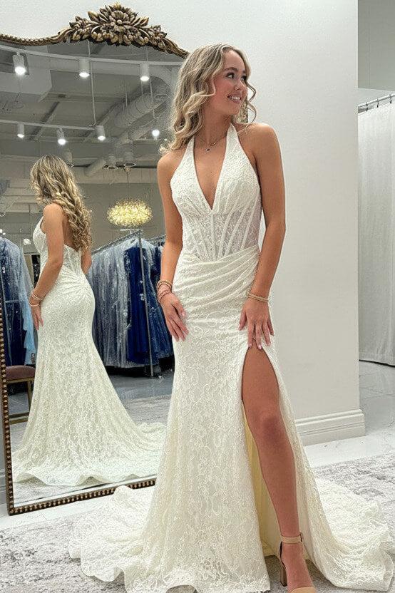 Halter Pink Prom Dress Long Lace Formal Dress With Slit