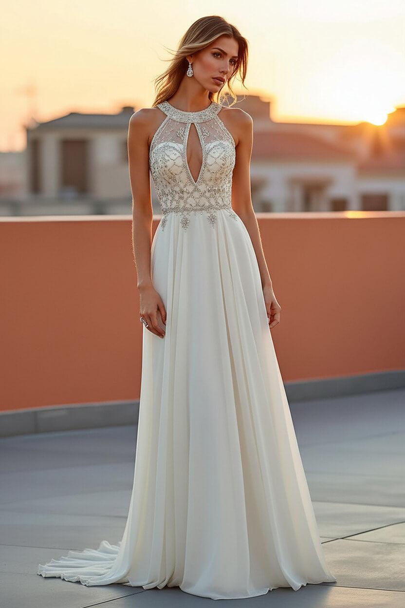 Beaded Navy Wedding Guest Dress Halter Long Formal Dress With Embroideries