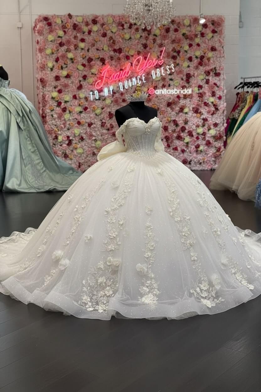 Ball Gown Off Shoulder Sleeveless Pleated 3D Flowers Applique Bow Knot Sparkly Pink Tulle Quinceanera Dress Birthday Party Dress Evening Formal Gown For Sweet 16