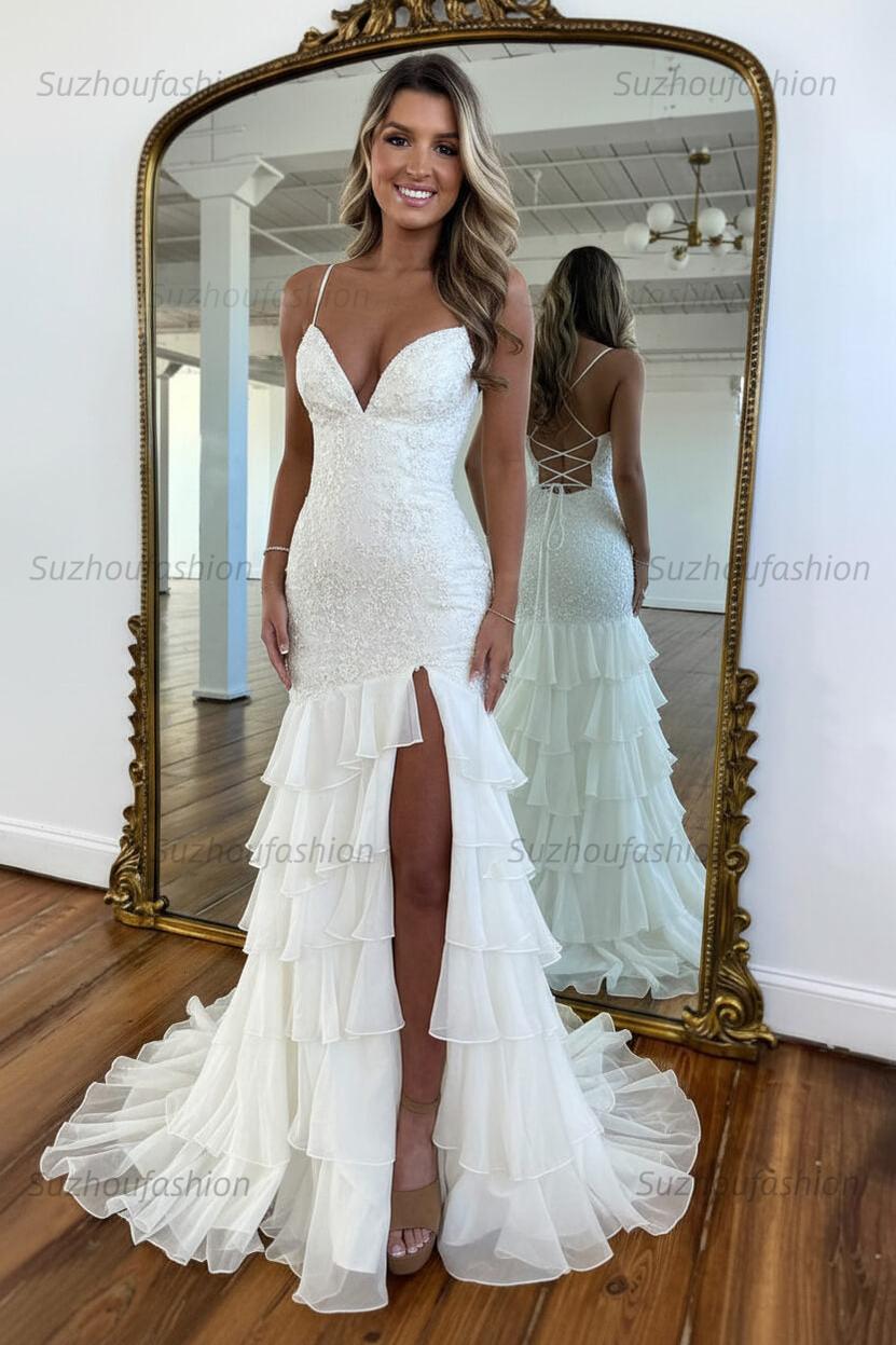Suzhoufashion Mermaid Spaghetti Straps Lace Up Long Prom Dress With Ruffle Skirt Formal Evening Gown