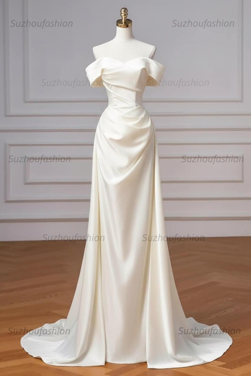 Navy Prom Dress Blue Off The Shoulder Formal Dress with Detachable Train