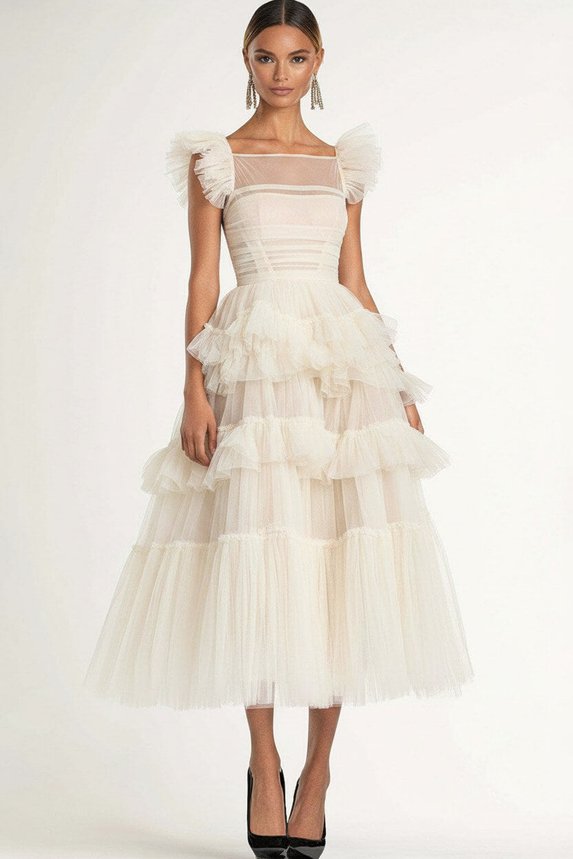 Tea Length Black Wedding Guest Dress A-Line Flatter Sleeves Tulle Formal Dress With Ruffles