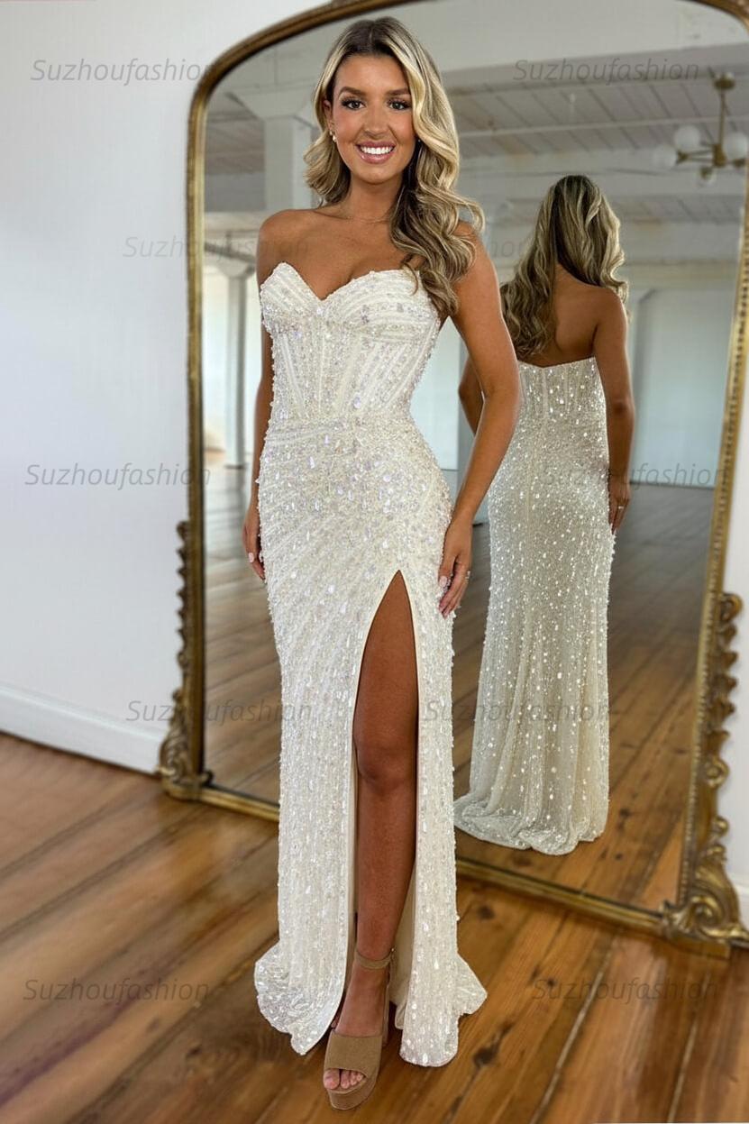 Sequined Prom Dress Sweetheart Mermaid With High Slit Skirt Formal Evening Gown