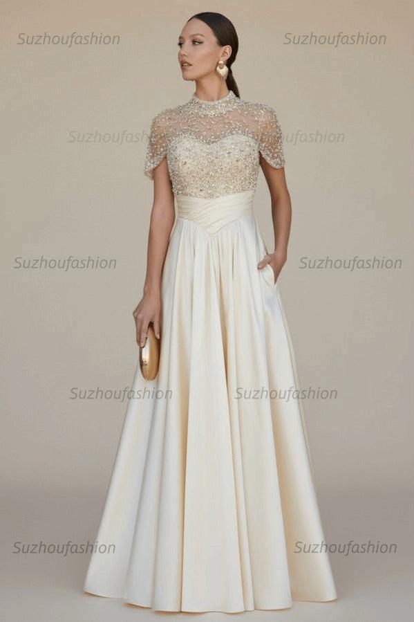 High Neck Short Sleeves Long Evening Formal Dress With Beading Pockets