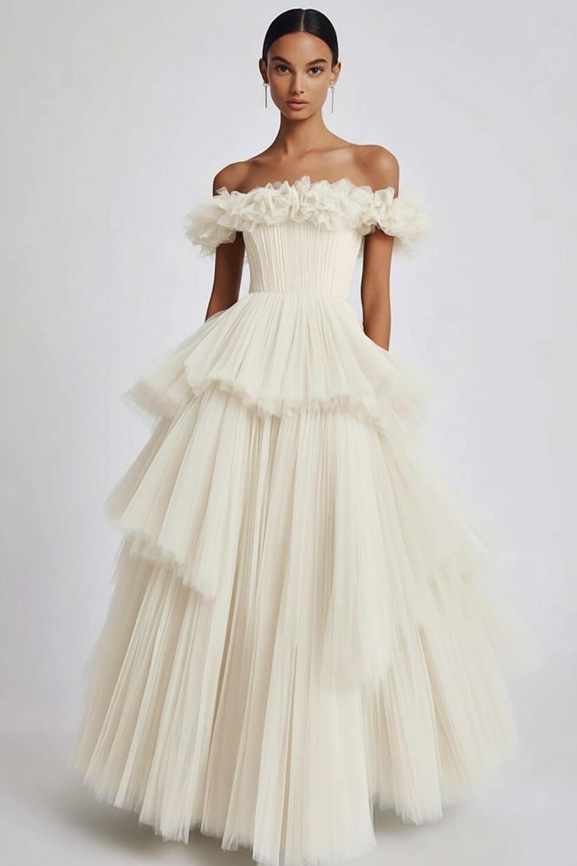 Dusty Sage Prom Dress Tulle Off The Shoulder Ball Gown Formal Dress With Ruffles