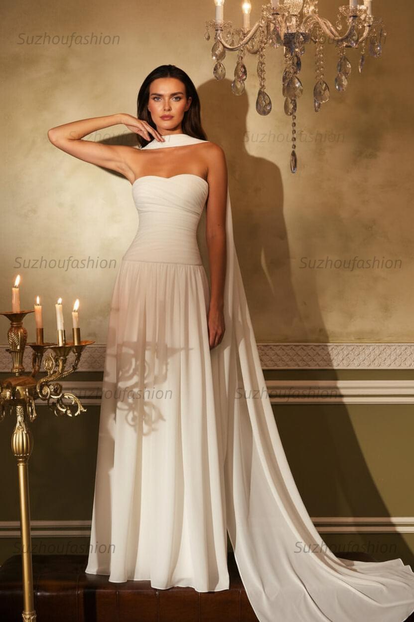 Chiffon Strapless Sleeveless Long Evening Formal Dress With Ruffled Pleated