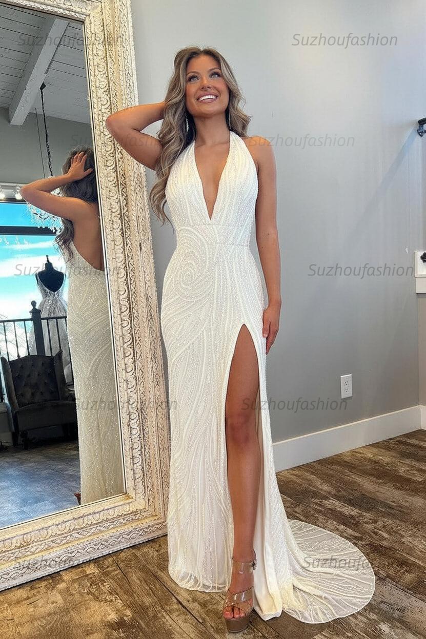 Halter Prom Dress Pink and Orange Mermaid Evening Dress with Slit