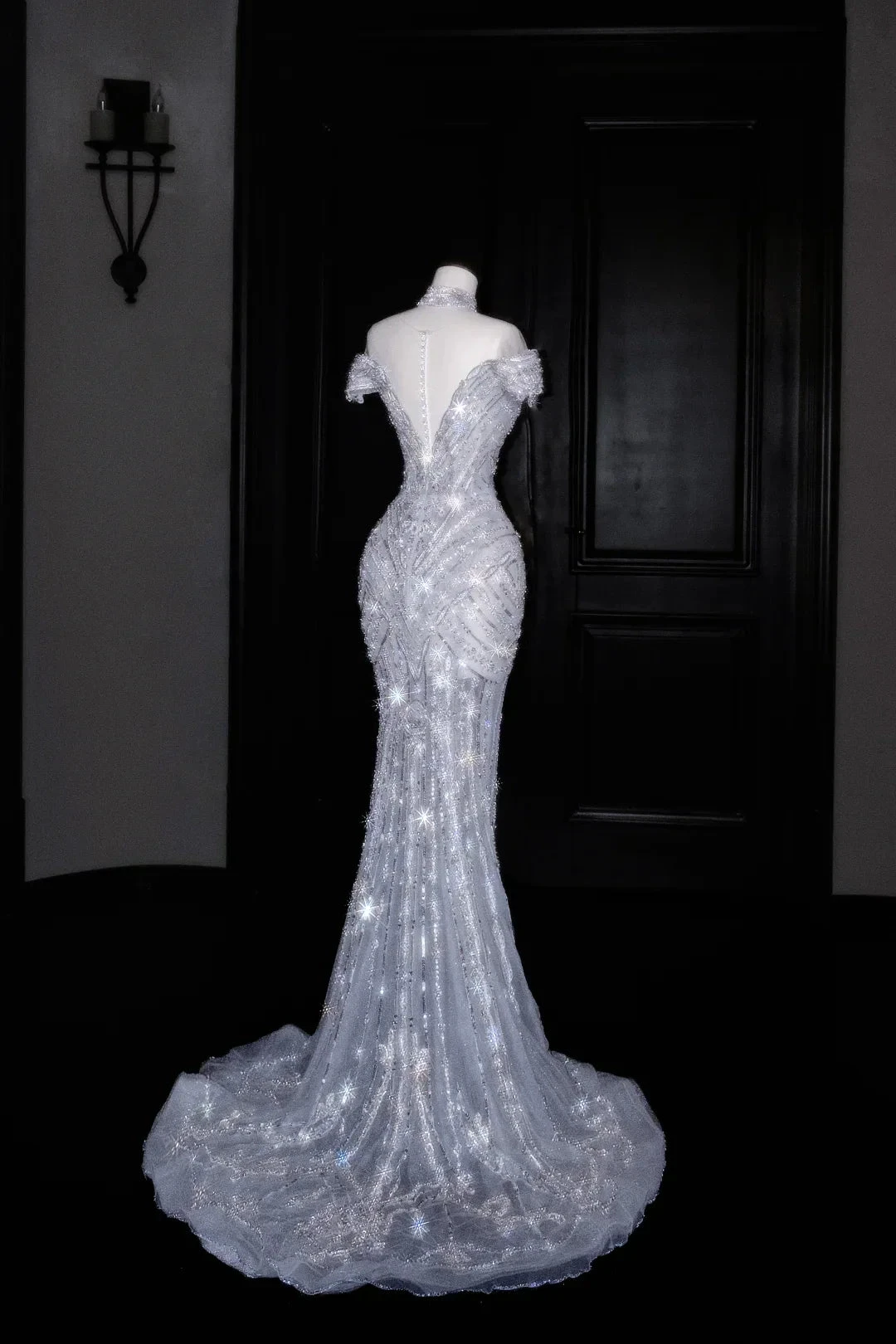 Glitter Off The SHoulder Tulle Sequin Beaded Evening Dress,Mermaid Prom Dress Wedding Dress (ZD13775) - VelvetHem