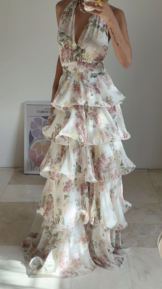 Gorgeous Halter Chiffon Print Floral Layered Evening Dress,Back A Line Prom Party Dress - VelvetHem