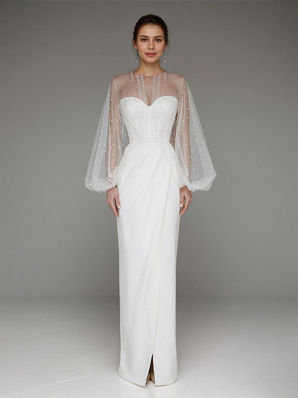White Chiffon Sweetheart Neckline Asymmetrical Length Formal Party Dress with Lace Sleeves