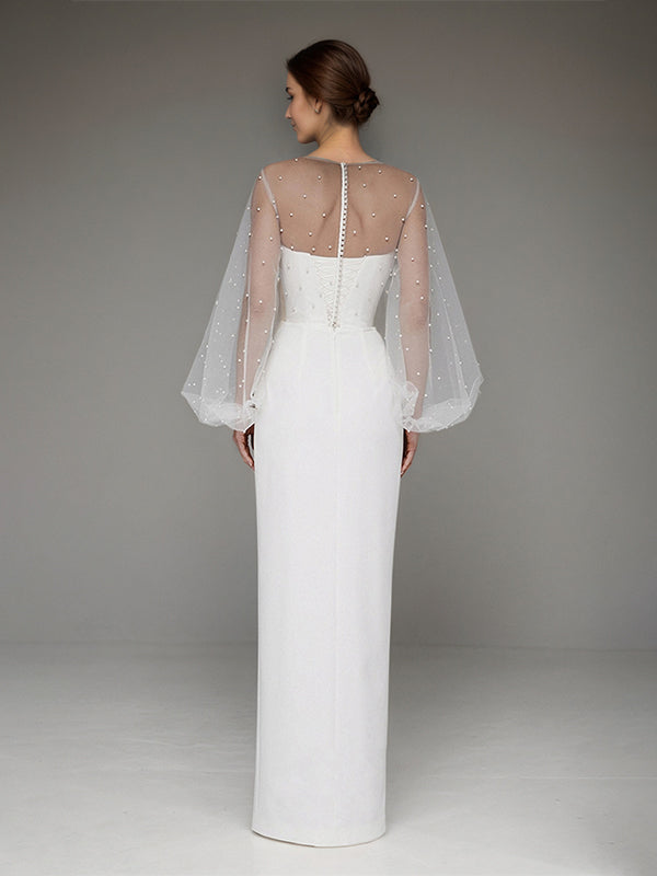 White Chiffon Sweetheart Neckline Asymmetrical Length Formal Party Dress with Lace Sleeves