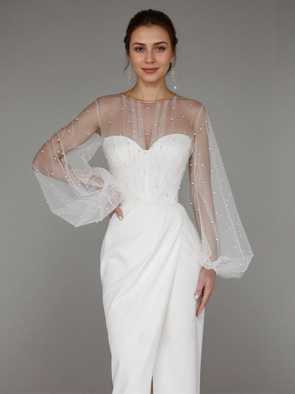 White Chiffon Sweetheart Neckline Asymmetrical Length Formal Party Dress with Lace Sleeves