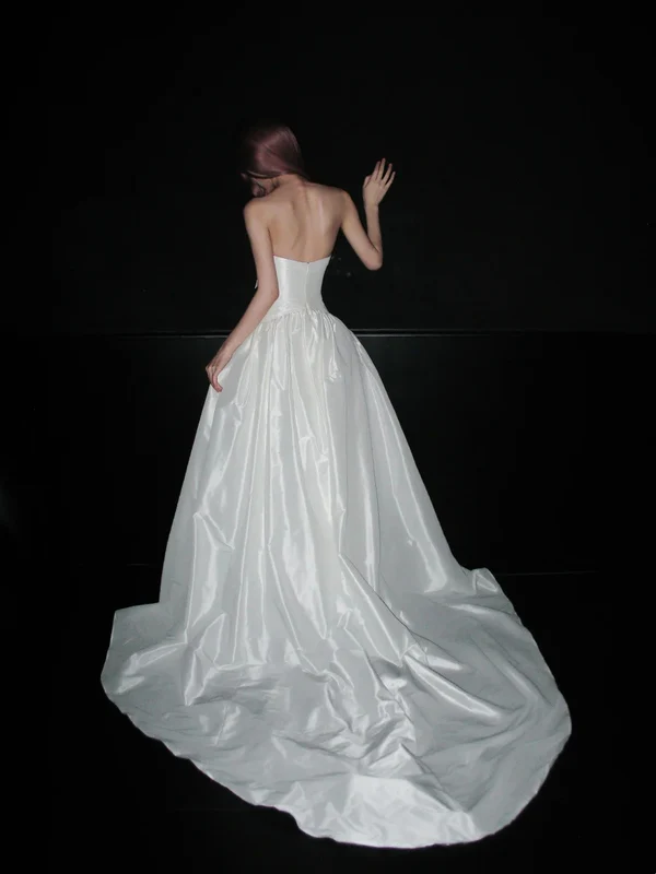 Pretty White Bow Strapless Satin Long Wedding Dress Formal Bridal Dress - View 6 | VelvetHem