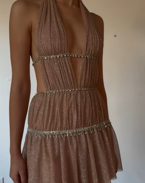 Shiny Halter Deep V Tulle Beaded Short 7th Grade Homecoming Dress Sexy Cocktail Dress - View 2 | VelvetHem