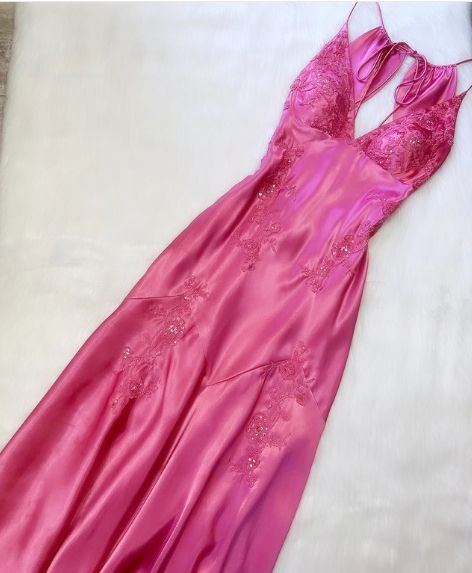 Unique Pink Satin Beaded Mermaid Evening Dress Long Prom Dress - View 2 | VelvetHem