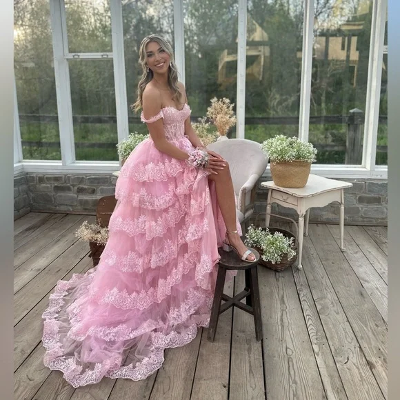 Charming Pink Off The Shoulder Lace Tulle Layered Evening Dress Formal Prom Dress - View 2 | VelvetHem