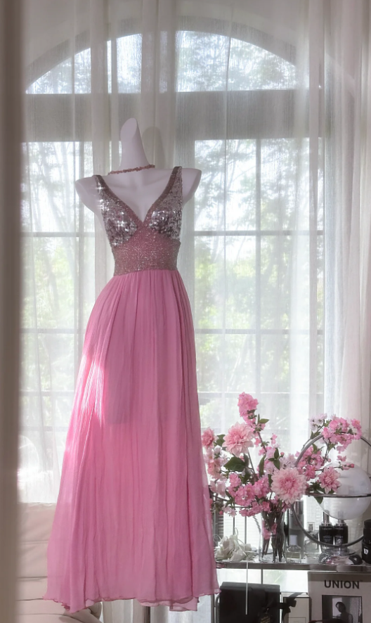 Pretty Pink V Neck Sequin Chiffon A Line Long Wedding Guest Dress Formal Party Dress Prom Dresses - View 3 | VelvetHem