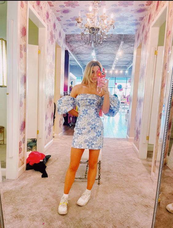 Chic Strapless Blue Print Floral Homecoming Dress Y2774 - VelvetHem