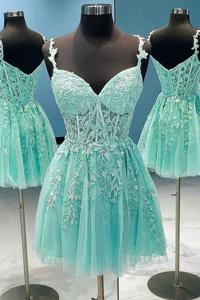 V Neck Mint Green Lace Homecoming Dress (ZD12540) - VelvetHem