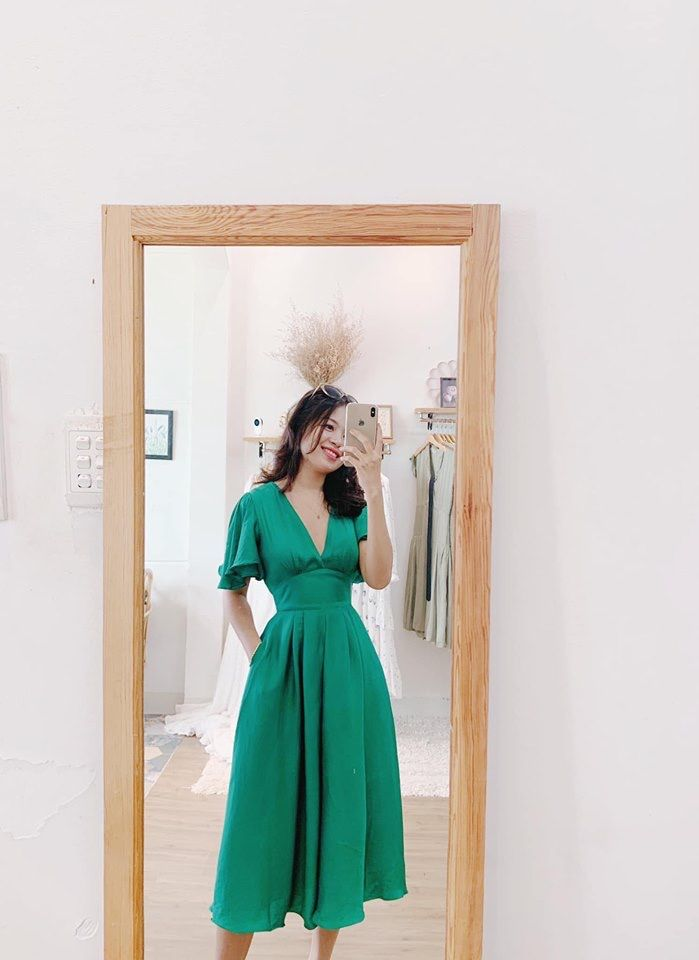 Green A-line V Neck Party Dress,Wedding Guest Outfit - VelvetHem