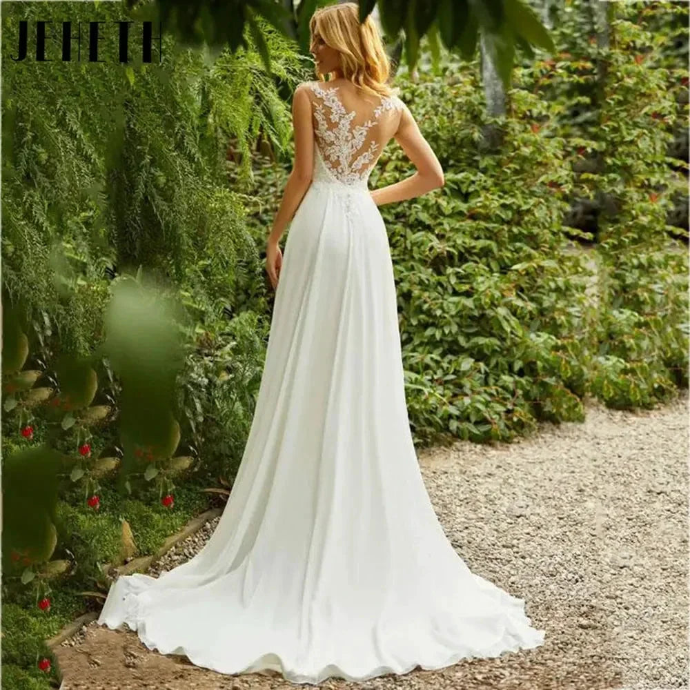 Beach Lace Chiffon Wedding Dress Charming O-Neck Appliques Bridal Gowns A-Line Backless Sleeveless Robe De Mariee 2024 (ZD13495)