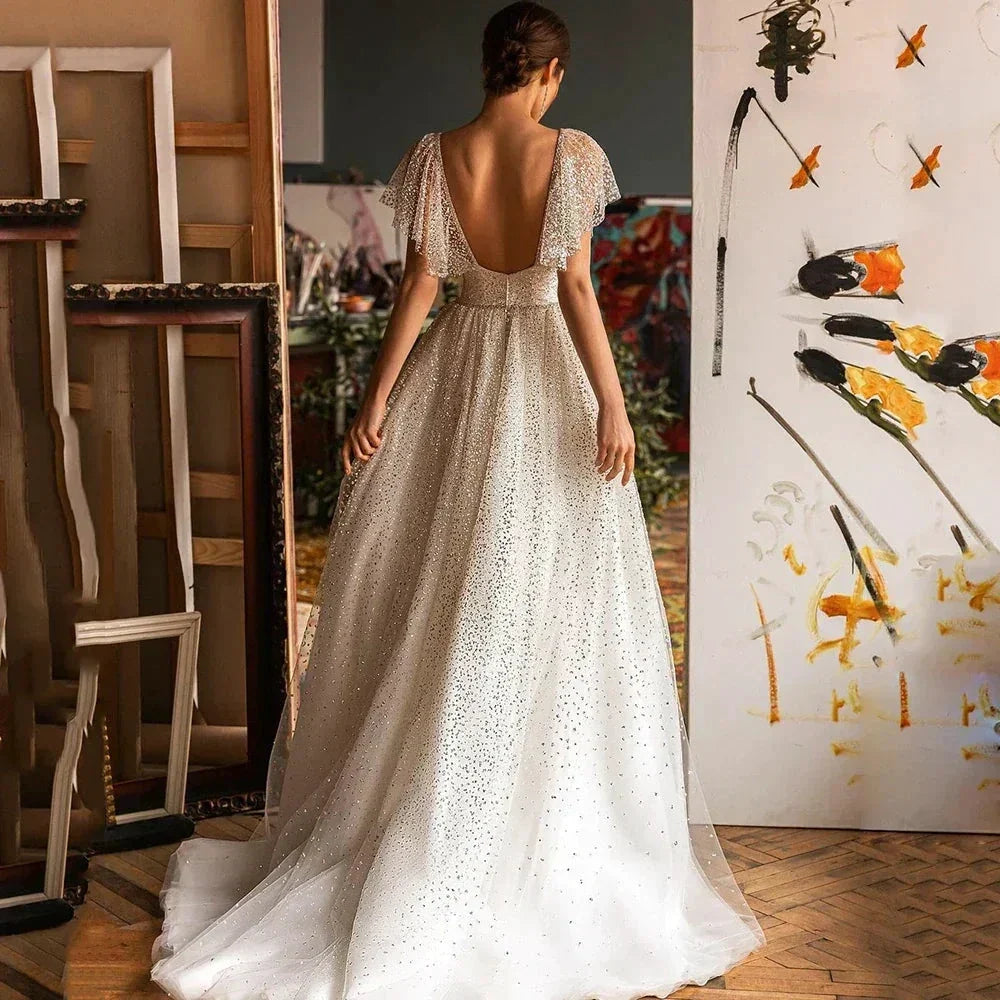Elegant Glitter Sweetheart Wedding Dresses For Women A-Line Batwing Sleeves Bridal Gown Tulle Backless (ZD13496)