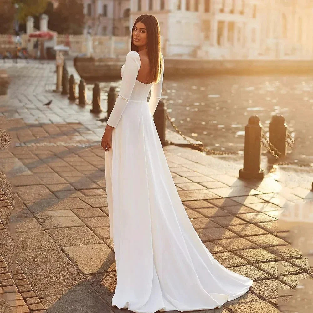 Satin Wedding Dresses For Bride With Long Sleeves Simple Sexy Bridal Gowns Sweetheart A Line Button Robe De Mariee (ZD13485)