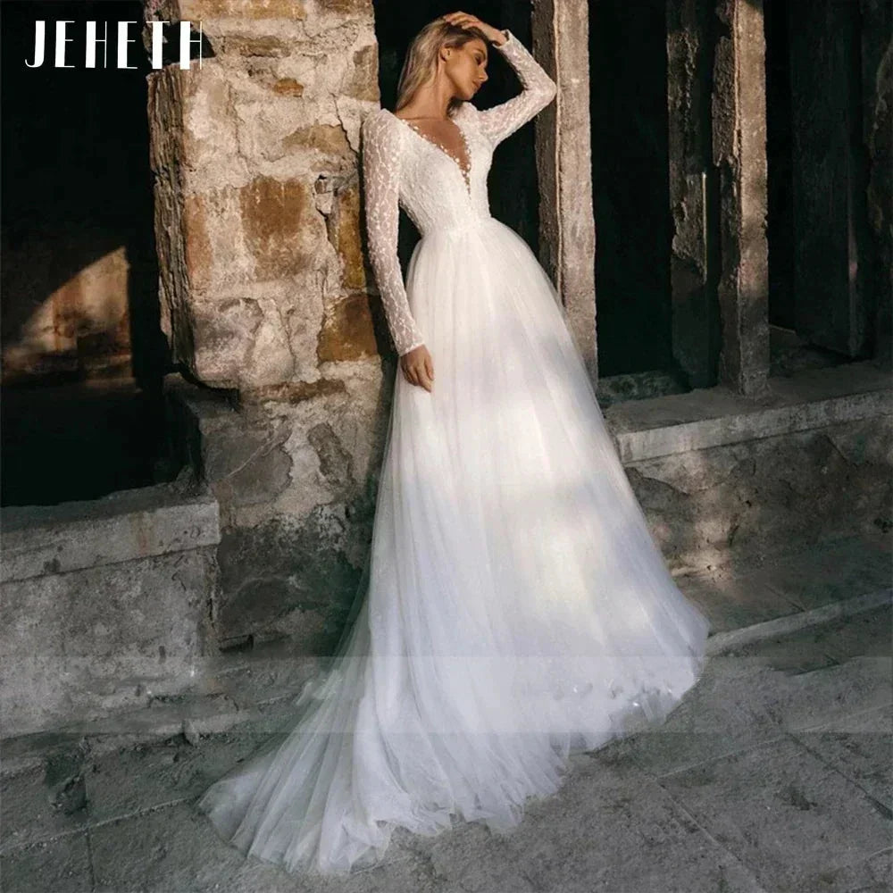 Sexy Long Sleeve Wedding Dress Beach Women Illusion Back Lace Appliques V-Neck A-Line Bridal Gown Tulle Vestidos De Novia (ZD13408) - VelvetHem