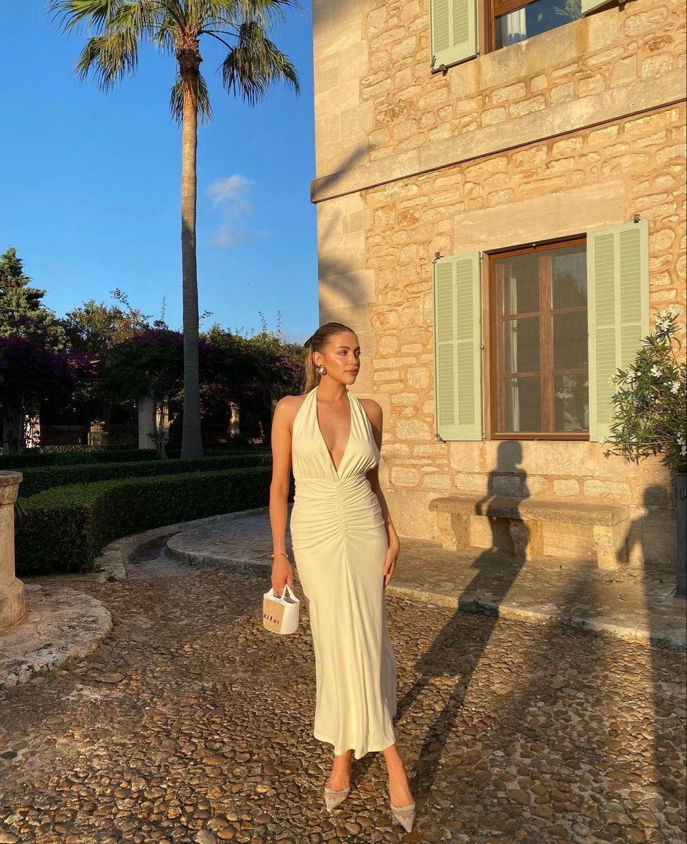 Halter Sleeveless Deep V-neck Party Sexy Summer Dress Women Ruched Backless Clubwear Long Prom Dress