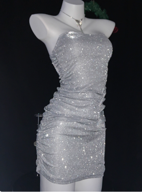 Glitter Silver Strapless Sheath Short Cocktail Dress Homecoming Dress