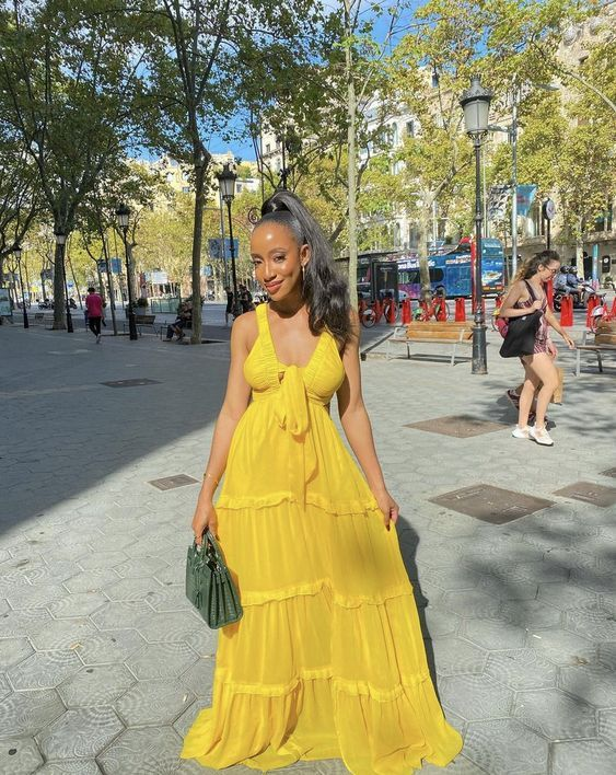 Sexy Straps Yellow Long Chiffon Prom Dress A Line Party Gown - View 2 | VelvetHem
