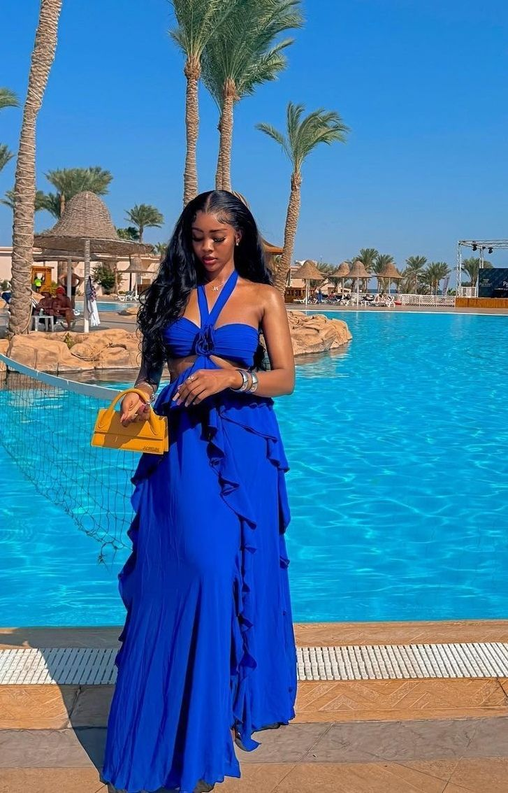 Beautiful A Line Halter Chiffon Royal Blue Long Prom Dress,Ruffles Evening Dress - VelvetHem