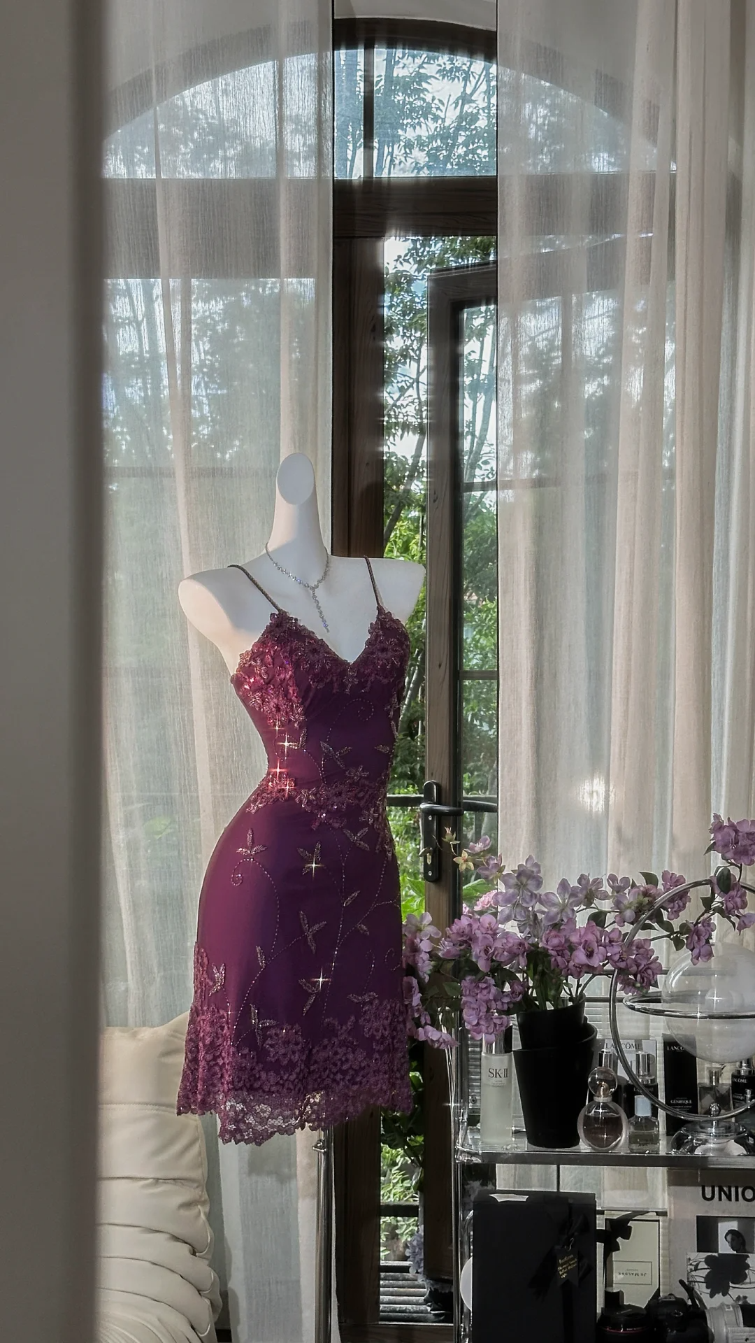 Vintage Spaghetti Straps Purple Lace Appliques Beaded Sheath 8th Grade Homecoming Dress Short Birthday Outfits - View 2 | VelvetHem