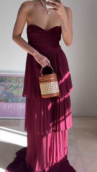 Vintage Burgundy Strapless Chiffon Layered A Line Prom Evening Dress,Long Party Dress - VelvetHem